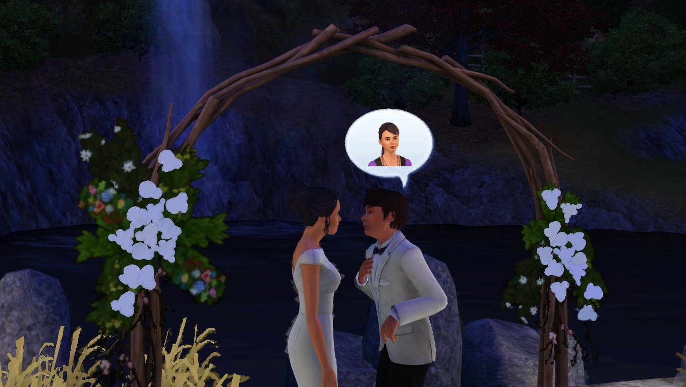 Under a wedding arch in front of a waterfall, Matthew speaks to Dorothy (speech bubble), looking into her eyes and with a hand on his chest