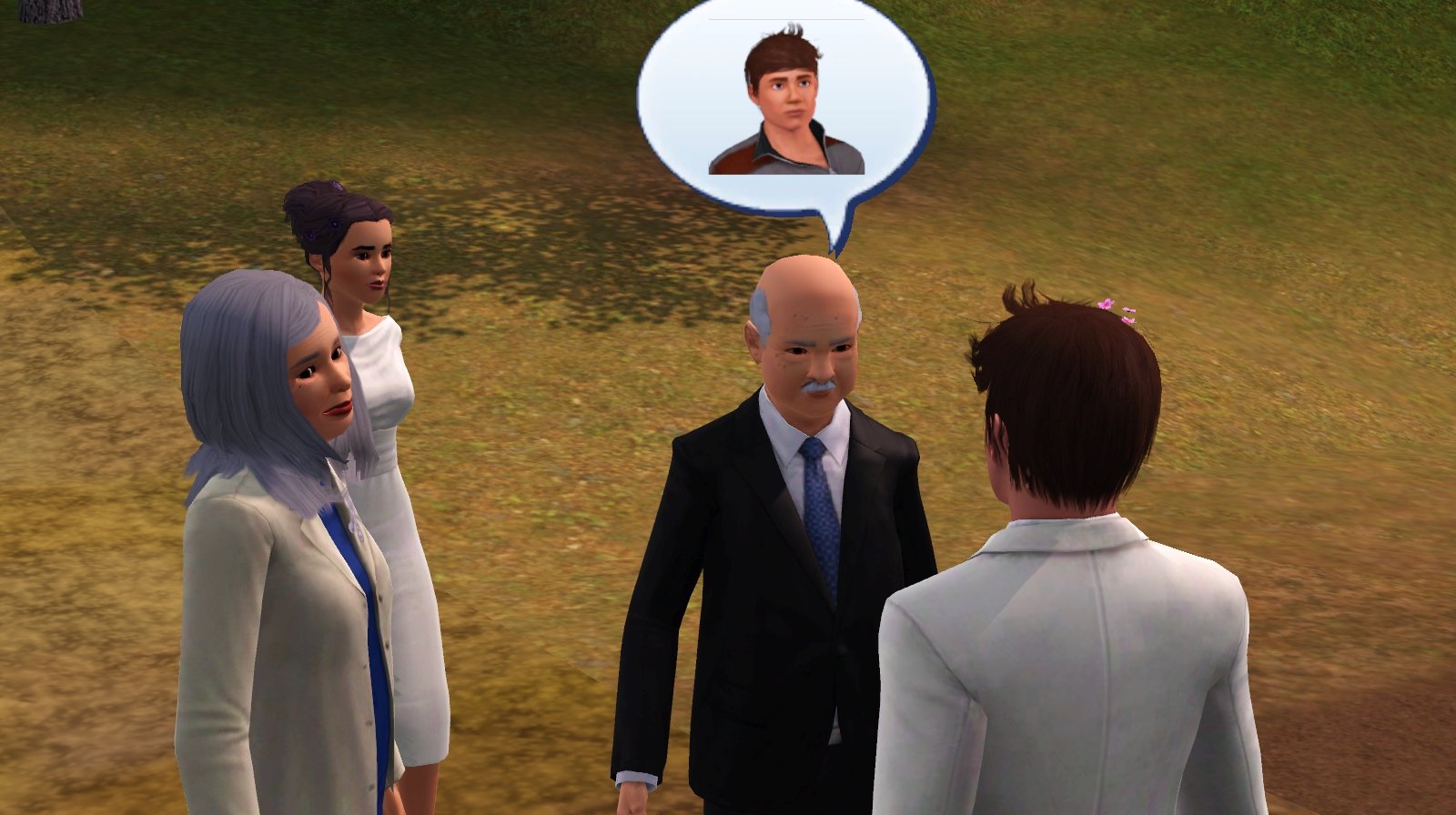 Dorothy and Mrs Button stand on one side while Mr Button greets Matthew (shown with a speech bubble); they are all dressed for a wedding.