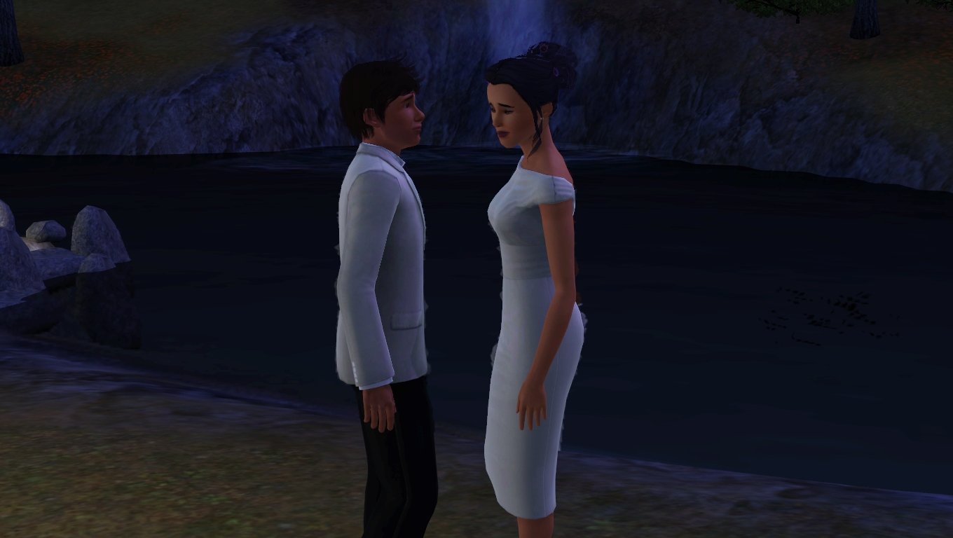Matthew and Dorothy both look sad or concerned, eyebrows tilted and frowning. They are standing at the edge of the pond in Cinnamon Crest Falls.