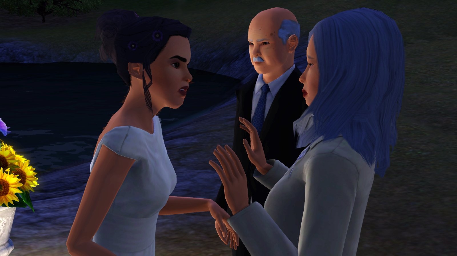 Dorothy Button leans forward with an angry expression on her face and hands partially raised, towards her mother. Mrs Button has her hands raised defensively in front of her chest and is frowning. Mr Button stands next to his wife, looking very serious.
