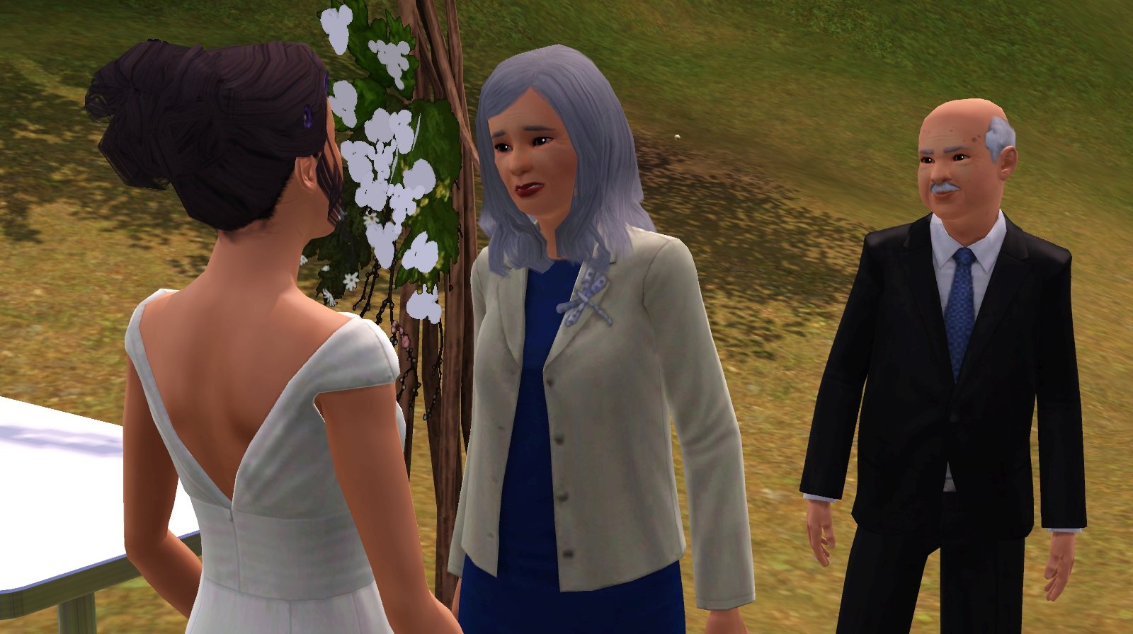 Dorothy Button’s back is visible; she is facing two elderly Sims. The closest is a woman with grey, shoulder-length hair, a dark blue dress, and a beige blazer with a silver dragonfly pin on the lapel. The other is a balding man with a mustache and a round face, wearing a dark suit with a blue tie.