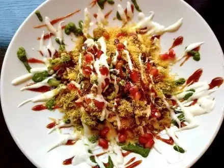 Papdi chaat Indian street food with yoghurt, tamarind and sev at Masti Fitzroy