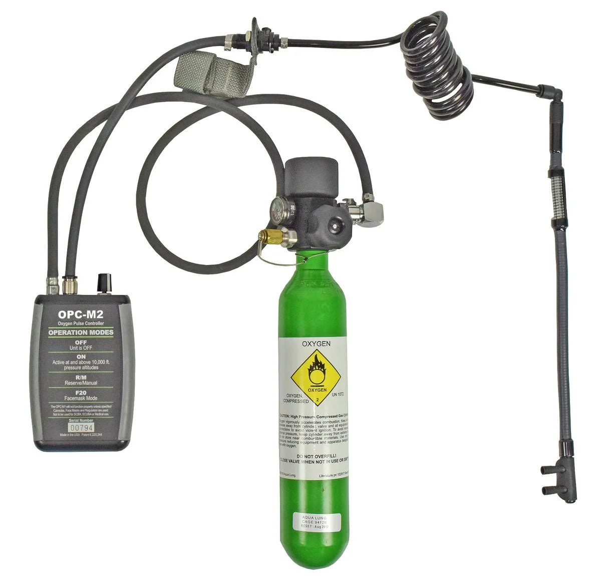 Aqualung PHODS M2 portable helicopter oxygen delivery system with green cylinder, controller and hoses