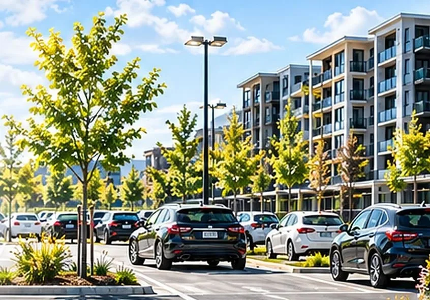 Condominium building with a well-kept surface parking lot
