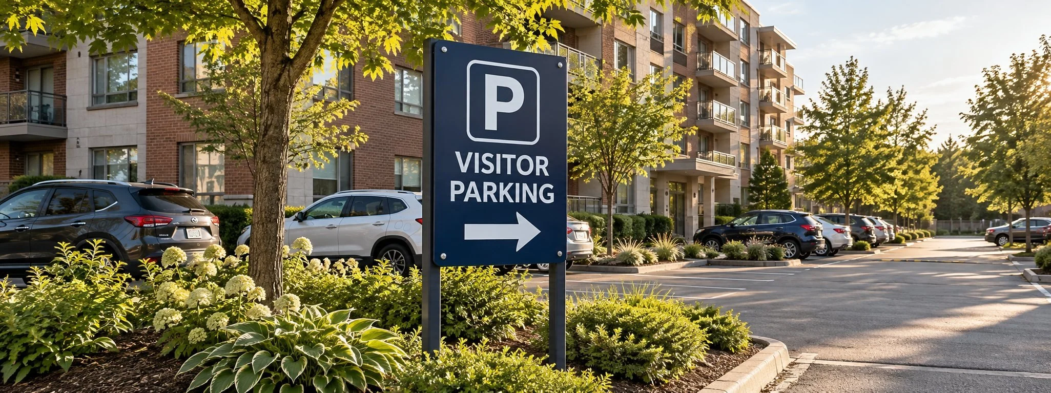 Illustration of a visitor parking sign pointing right