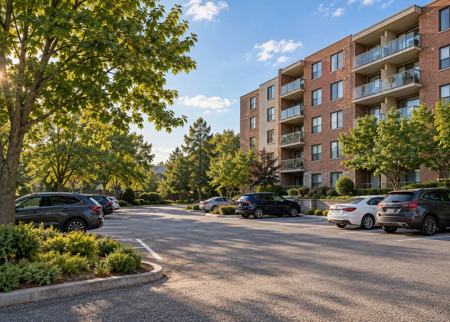 Illustration of a condominium and a well-kept surface parking lot