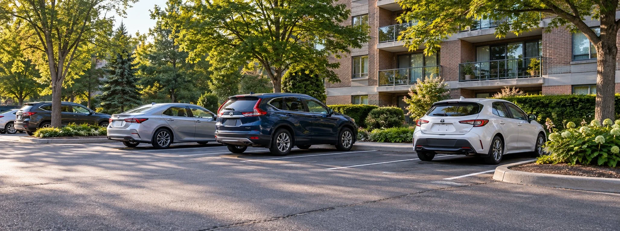 Illustration of cars parked in a well-kept residential lot