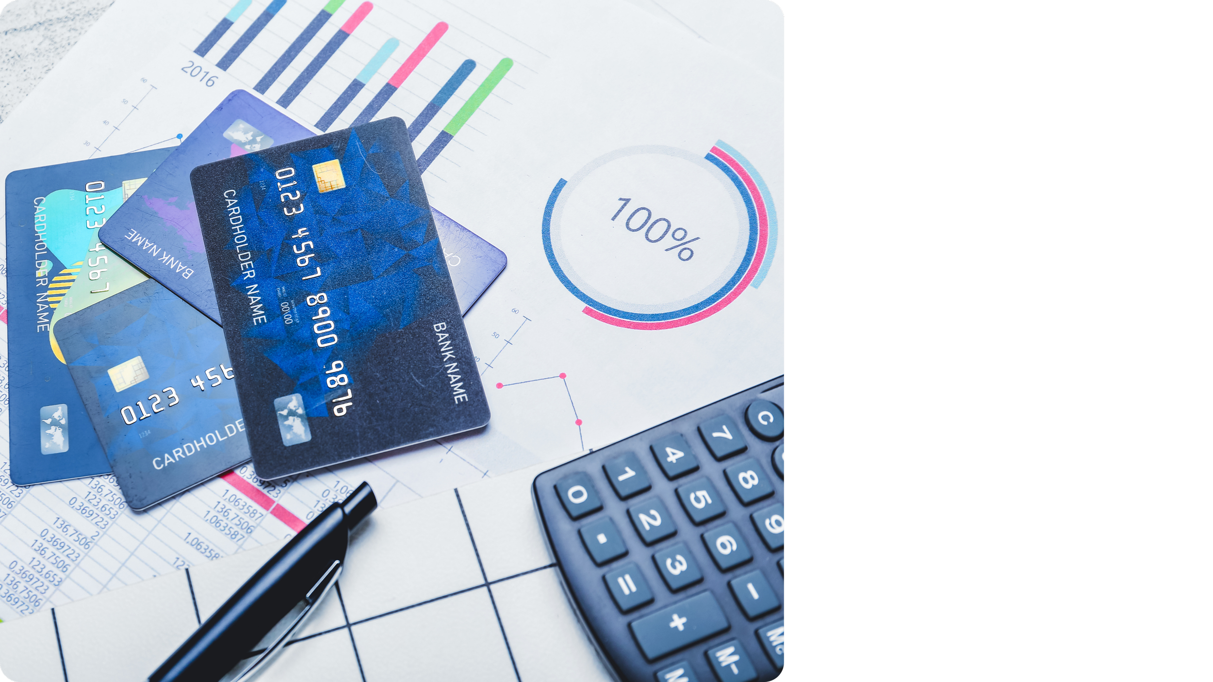 Financial analysis documents with charts, calculator and pen