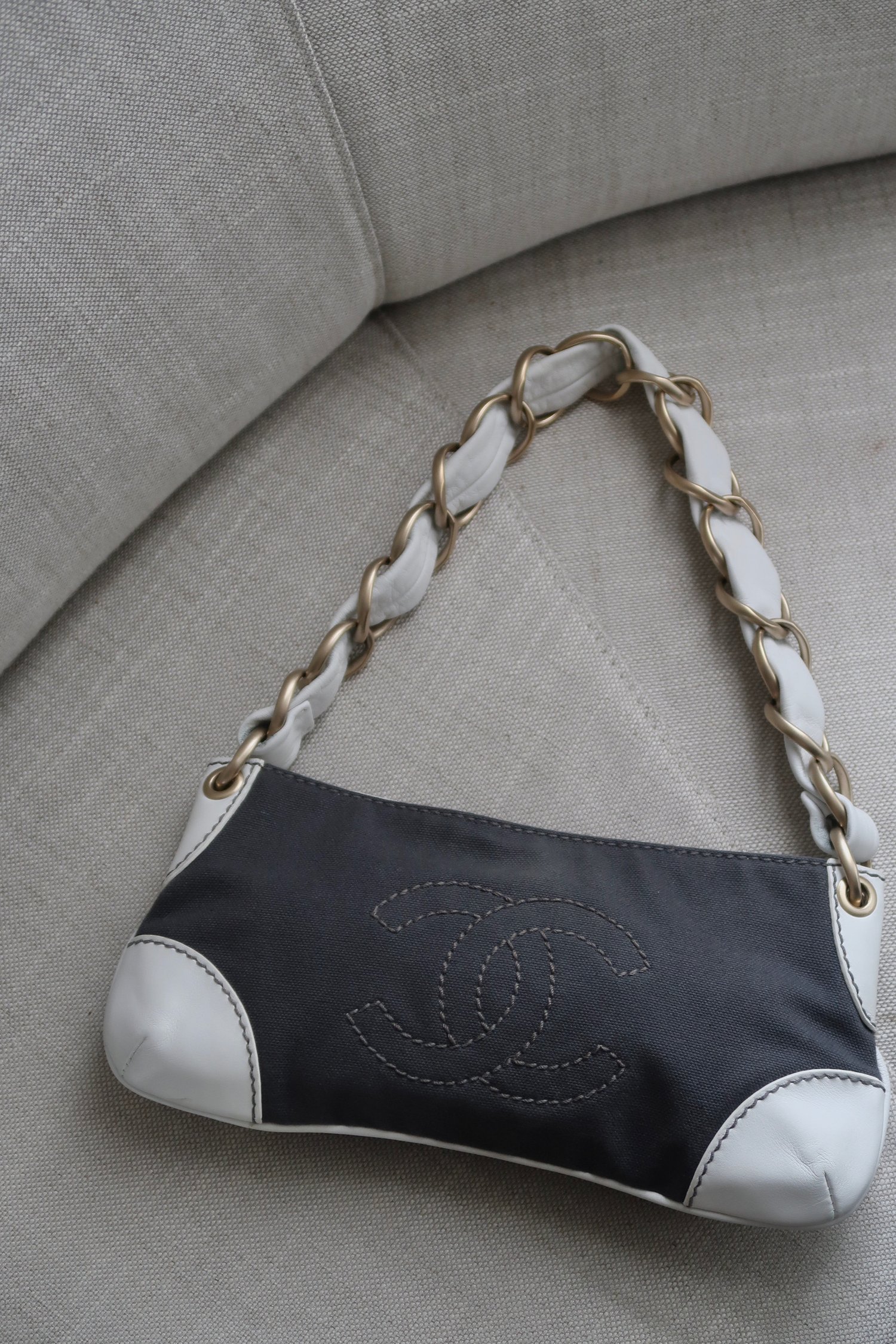 Chanel Black Canvas and White Leather Olsen CC Stitching Shoulder Bag