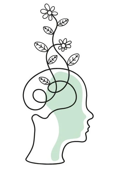 A line drawing of a person in profile, with a vine of leaves and flowers growing from the mind