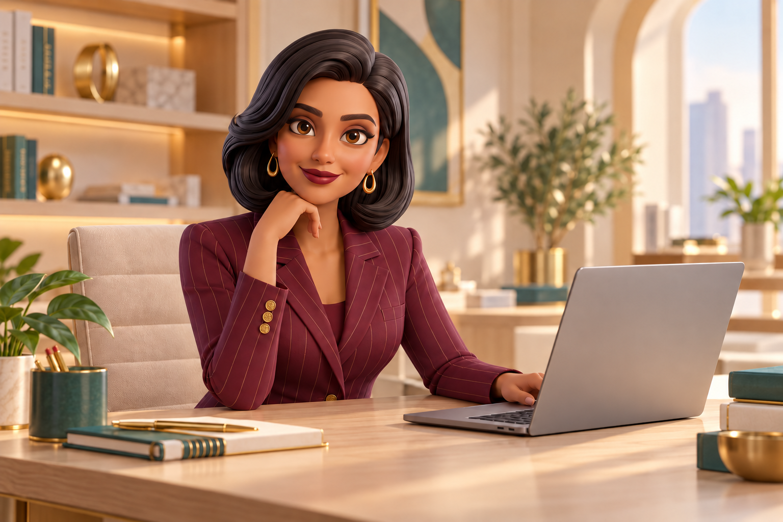 Rima in her burgundy suit, ready to help at a warm, modern workspace