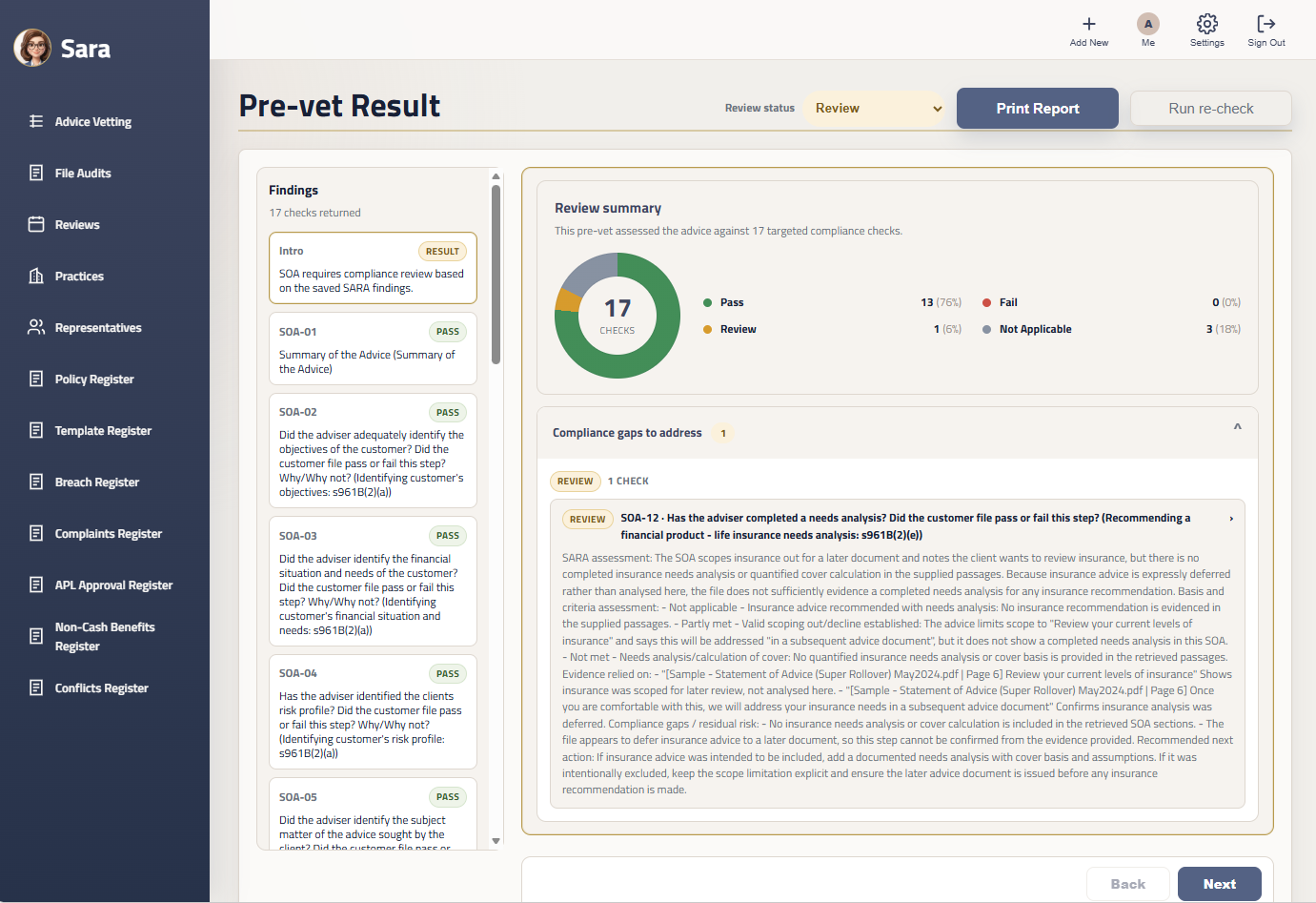 Sara compliance review interface showing findings, evidence and review outcomes