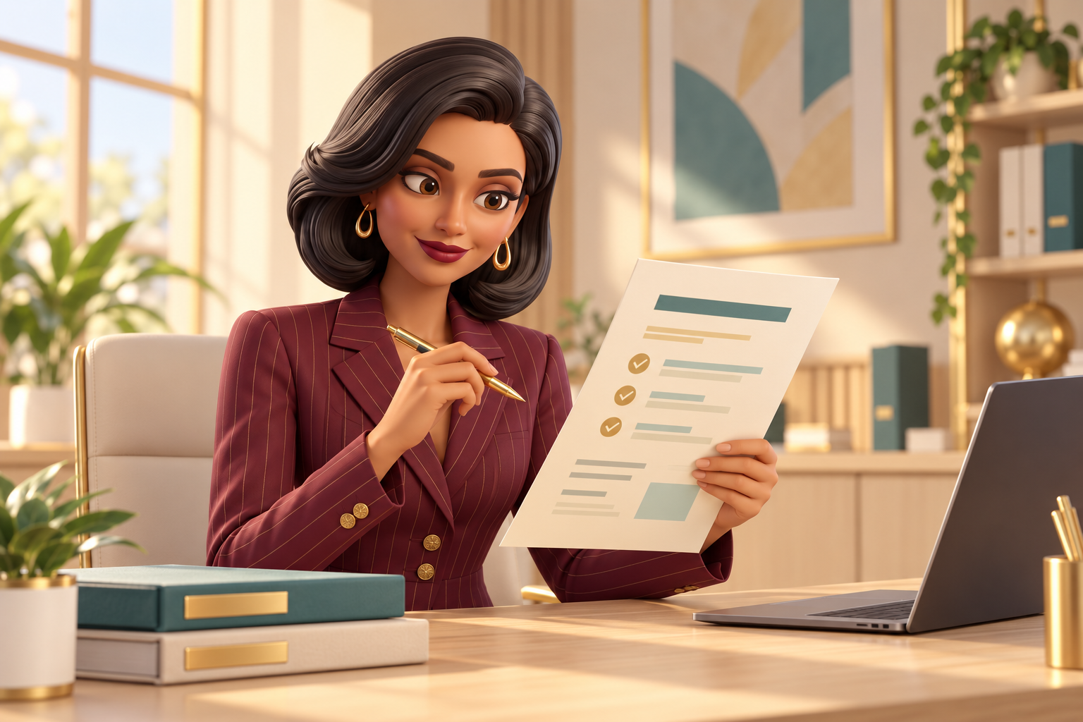 Rima reviewing an invoice and supporting documents
