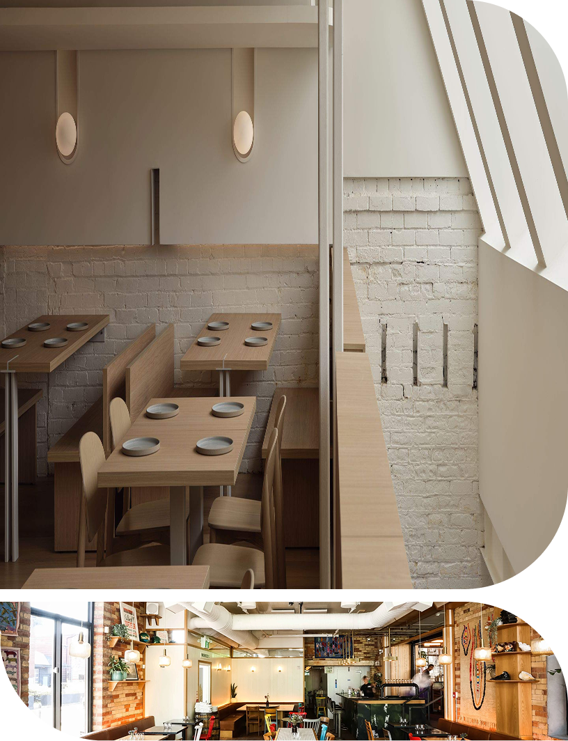 Collage of contemporary restaurant interiors featuring minimalist wood dining furniture, white brick walls and a warm industrial-style dining space.
