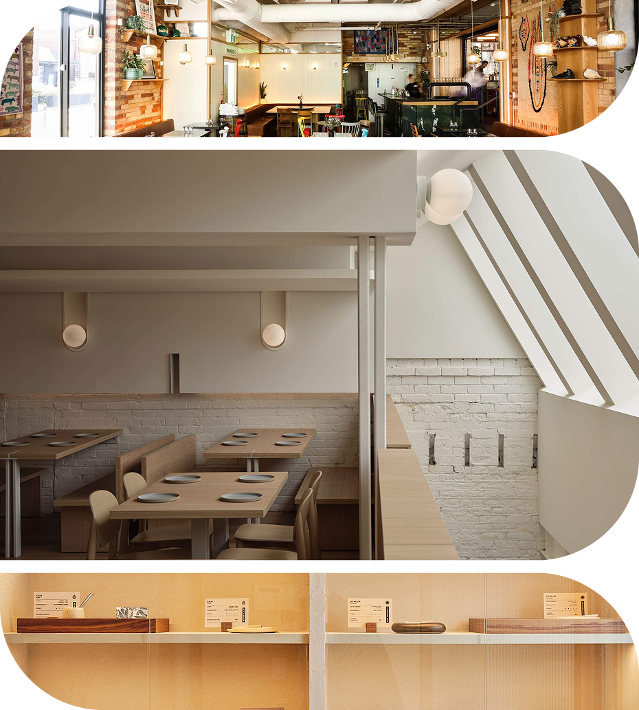 Collage of contemporary restaurant interiors featuring warm dining spaces, minimalist wood furnishings and modern architectural details.