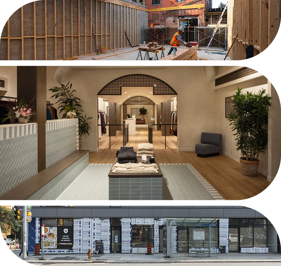 Retail construction process from framing to finished interior and storefront renovation.