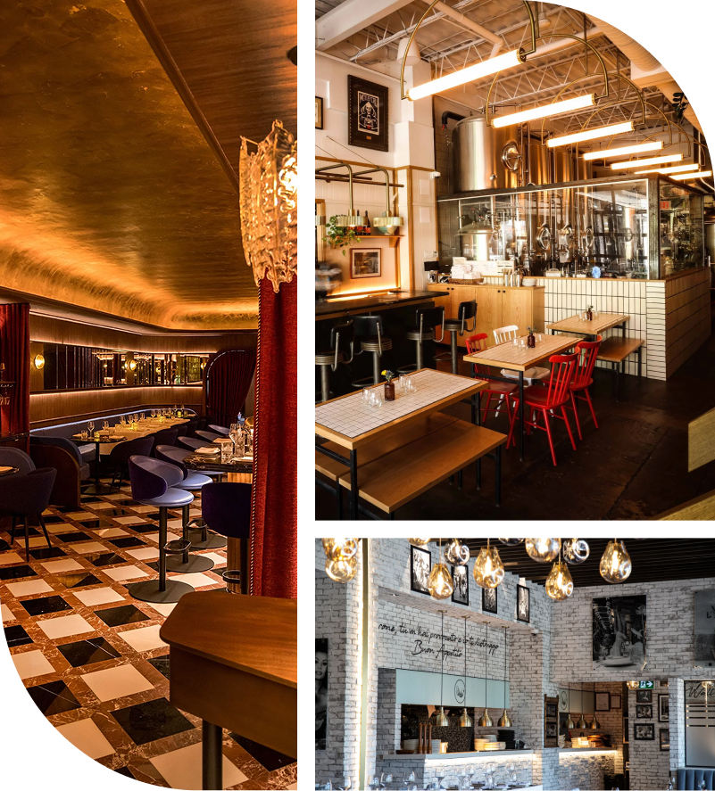 Diverse restaurant interior designs ranging from upscale dining to industrial café and modern open-kitchen concepts.