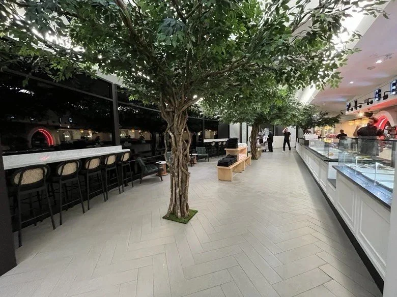Spacious modern cafeteria with indoor trees lining the seating area, large windows, bar-height counter seating, and a long food service counter with glass display cases.