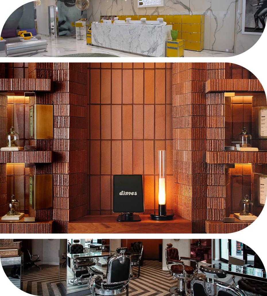 Collage of stylish commercial interiors featuring a marble reception area, warm brick retail space, and modern barbershop.