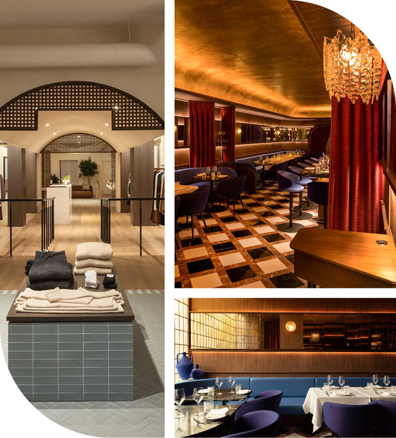 Collage of upscale commercial interiors featuring a modern retail space and elegant restaurant dining areas.