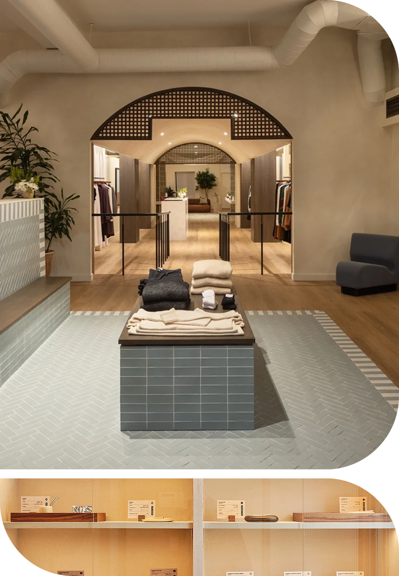 Collage of modern retail interiors featuring a clothing boutique with arched architectural details and minimalist product displays.