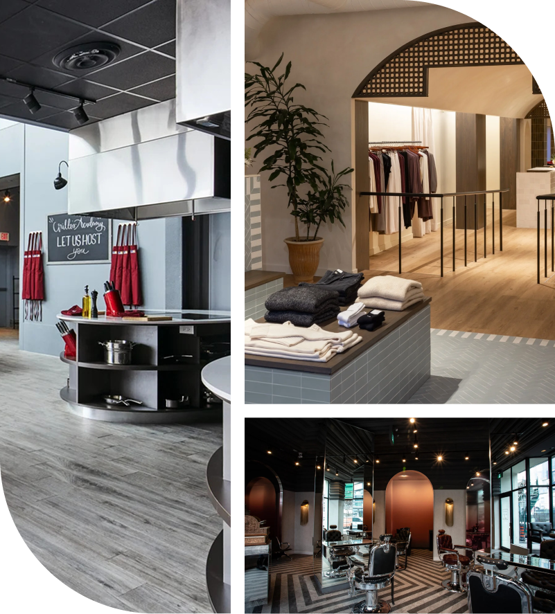 Diverse commercial interiors including a teaching kitchen, boutique retail space, and modern barbershop