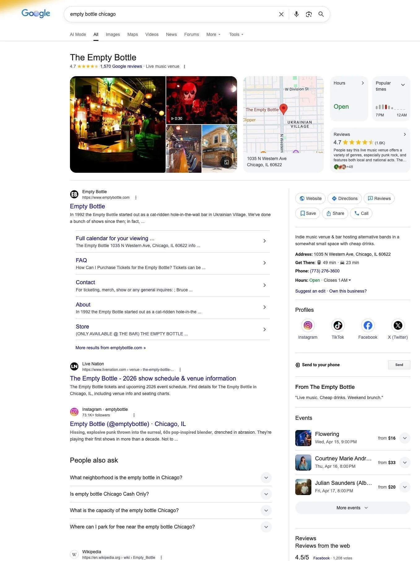 A well-optimized Google Business Profile Knowledge Panel — with venue photos, address, hours, review