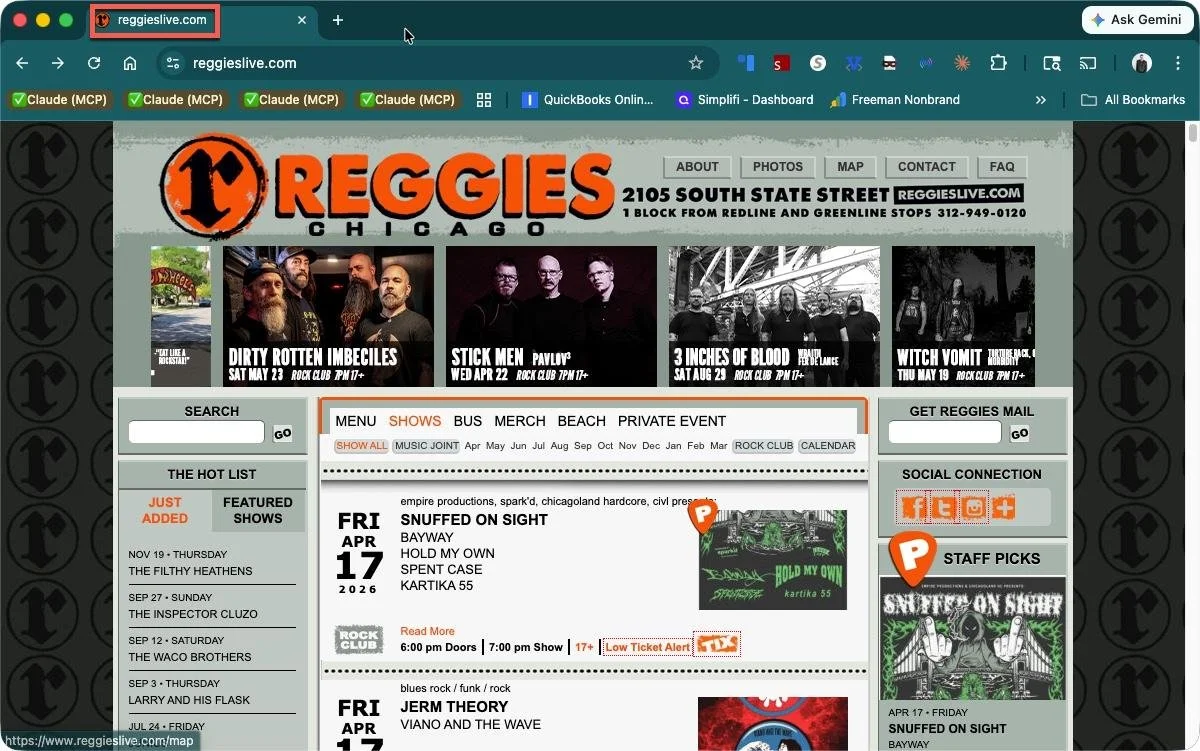 The browser tab for reggieslive.com shows only the bare domain name — no descriptive page title. All
