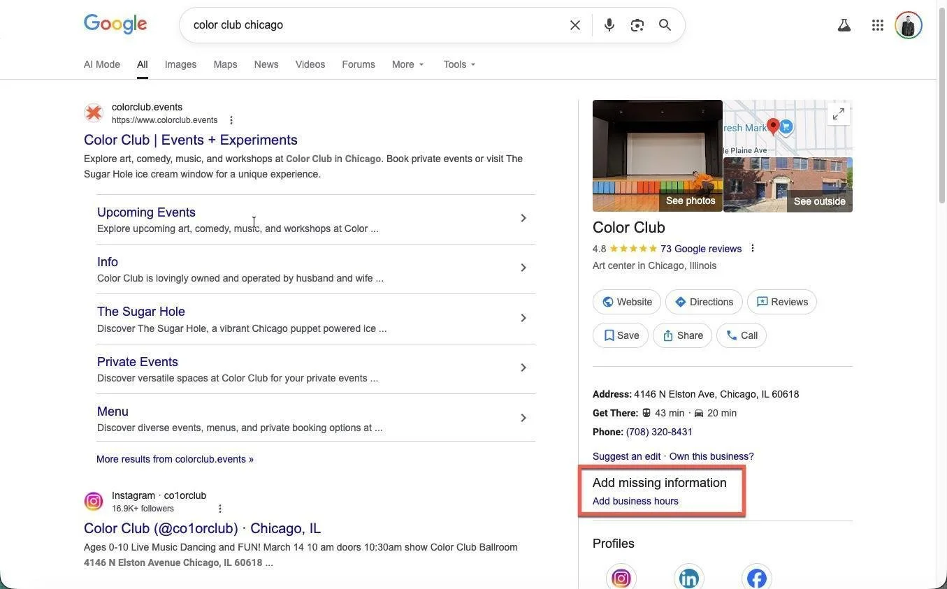 "Add business hours" — the prompt appearing in Color Club's Google Business Profile Knowledge Panel; fans searching for this venue cannot confirm it is open