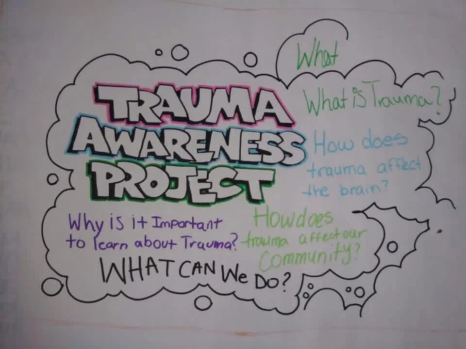 A hand-drawn poster titled “Trauma Awareness Project”.