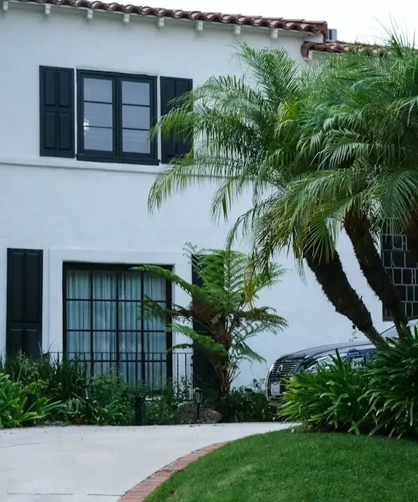 White stucco home with black-framed windows and palms in the front yard
