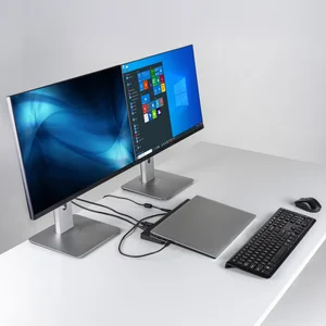 Cyber Acoustics DS-6000 docking station with measurements, power adapter, and single USB-C connection for streamlined workspace setup