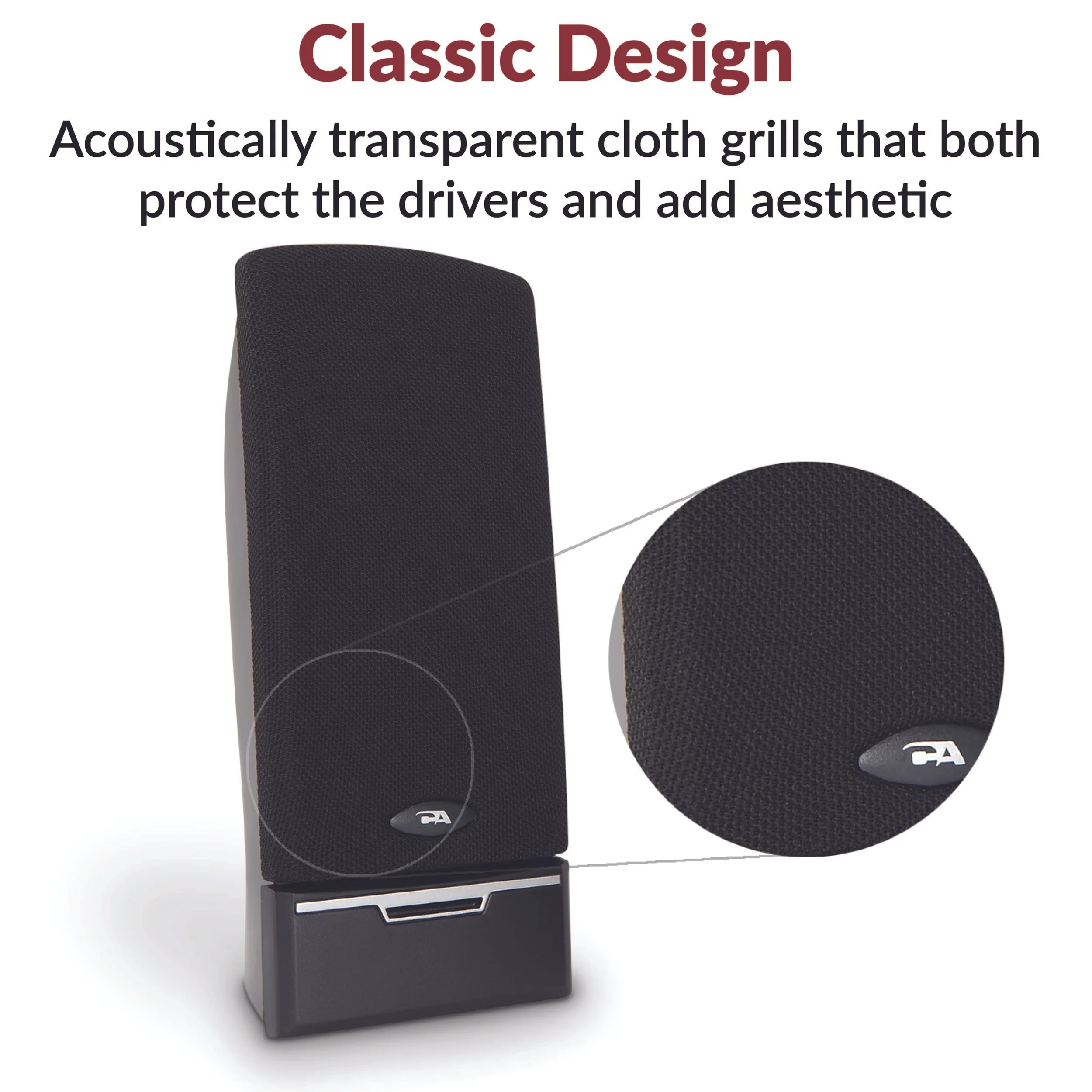 Close-up of CA-2014 computer speaker cloth grill highlighting acoustic transparency