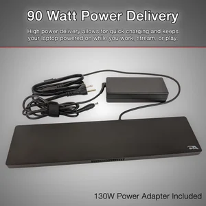 Cyber Acoustics DS-6000 docking station connectivity options with labeled ports including HDMI, USB-C, USB-A, and Ethernet