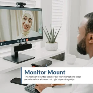Person on a video call using the CA-2890BT speaker bar mounted to the bottom of a monitor