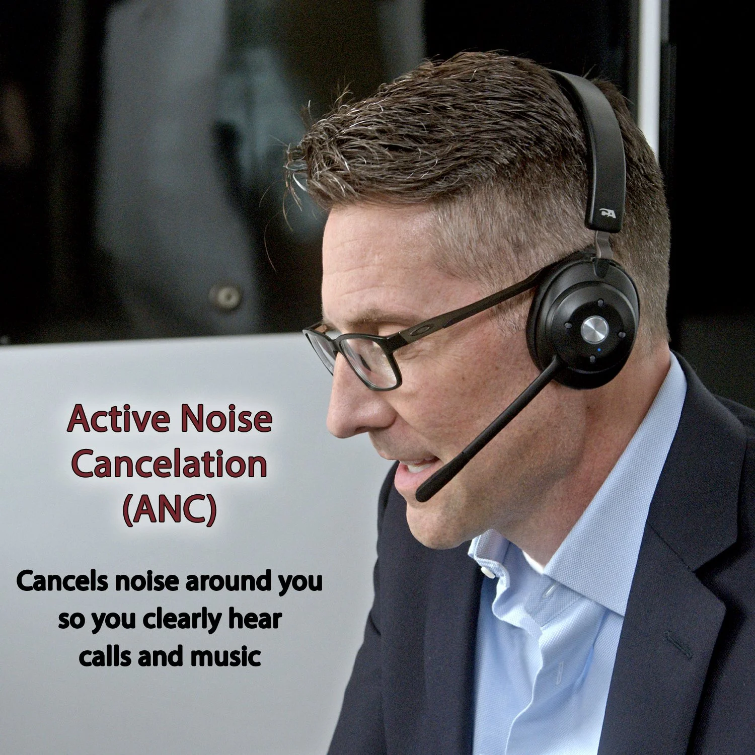 Professional wireless headset for office with Active Noise Cancelation (ANC) for clearer listening in noisy spaces