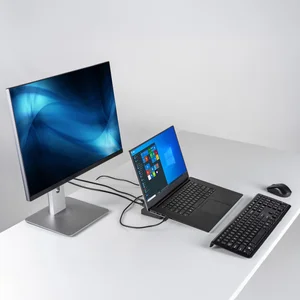 Cyber Acoustics DS-6000 docking station with measurements, power adapter, and single USB-C connection for streamlined workspace setup