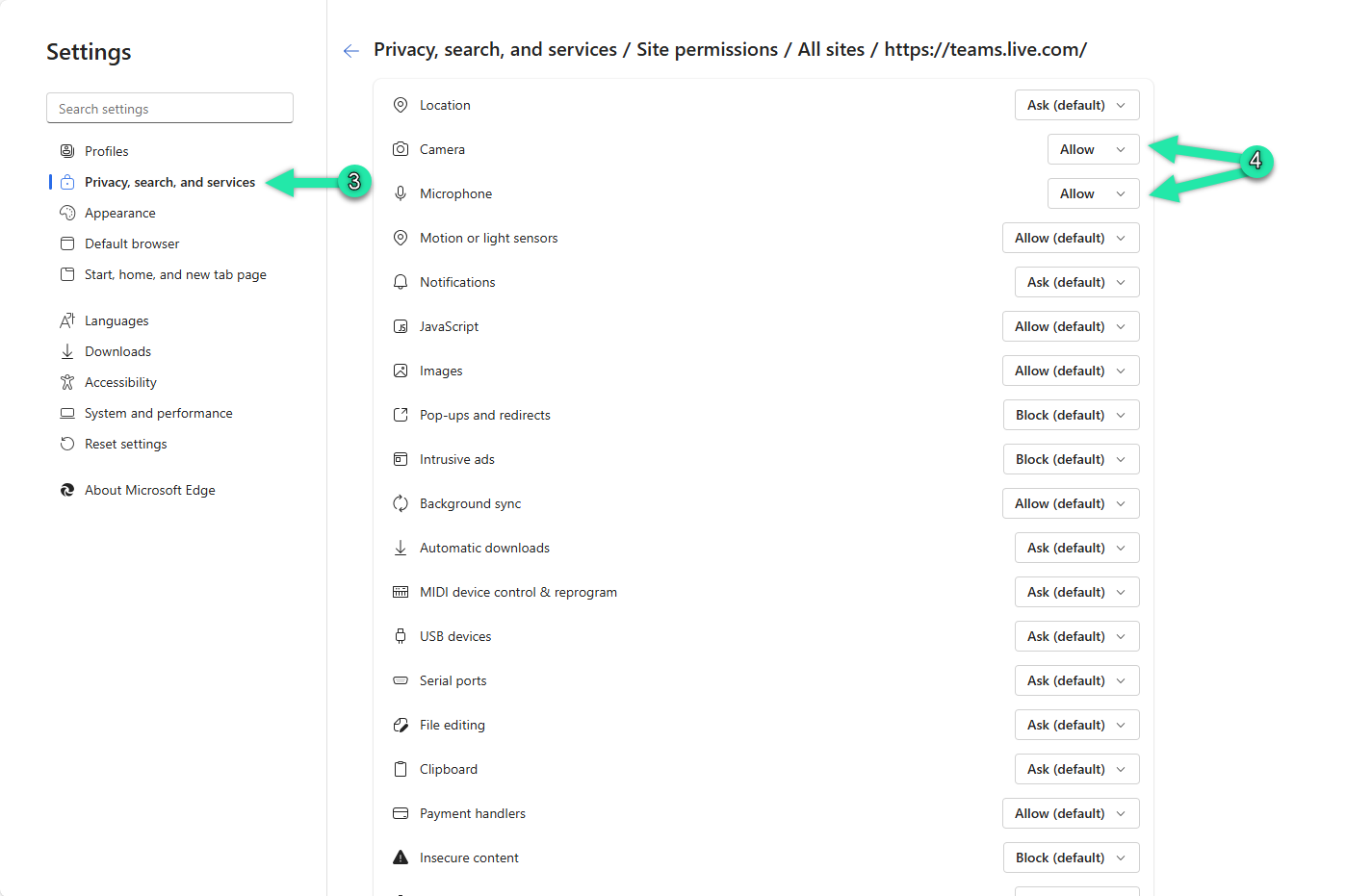 Edge site settings with microphone and camera permissions