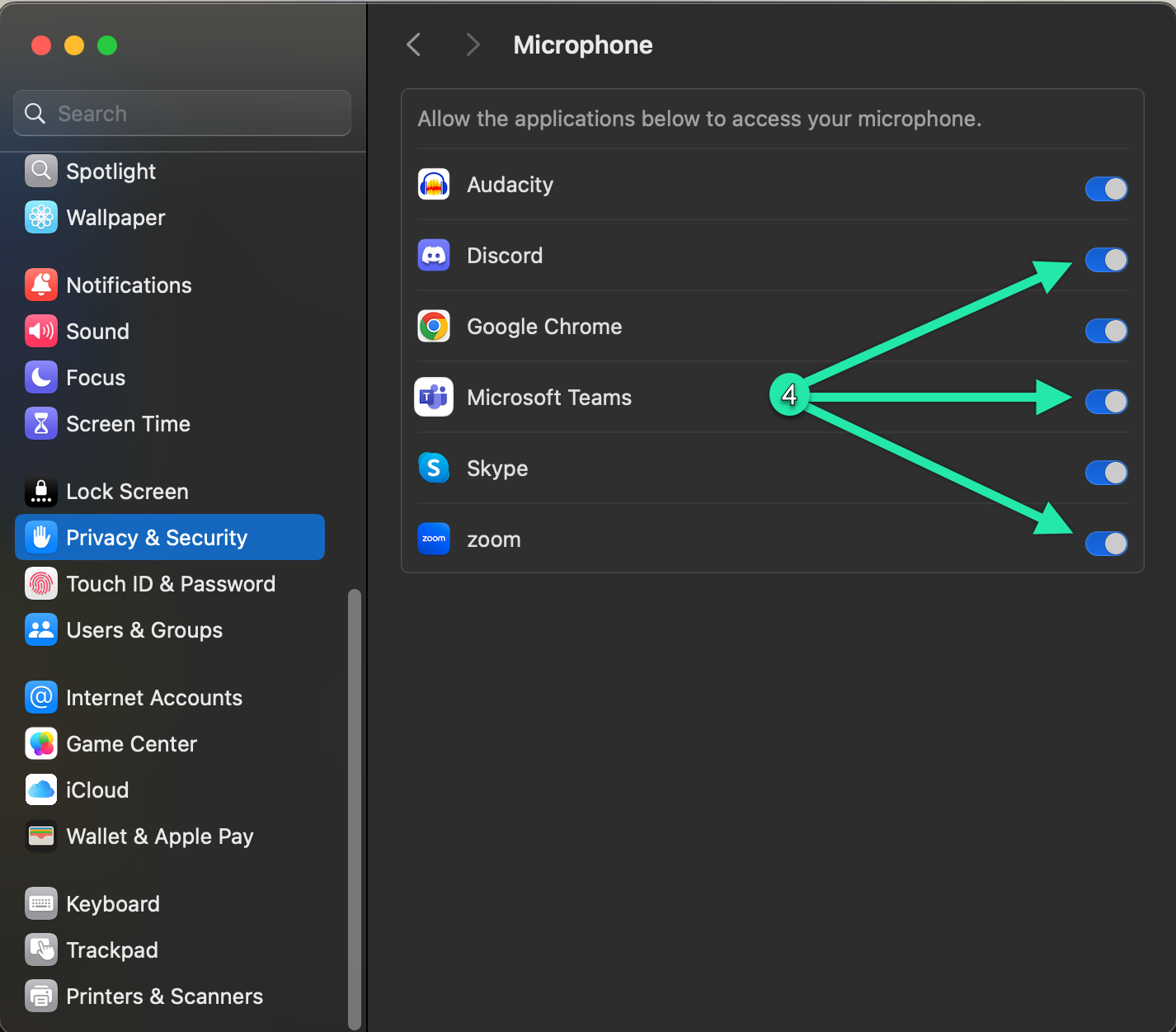 macOS Microphone privacy toggles for apps
