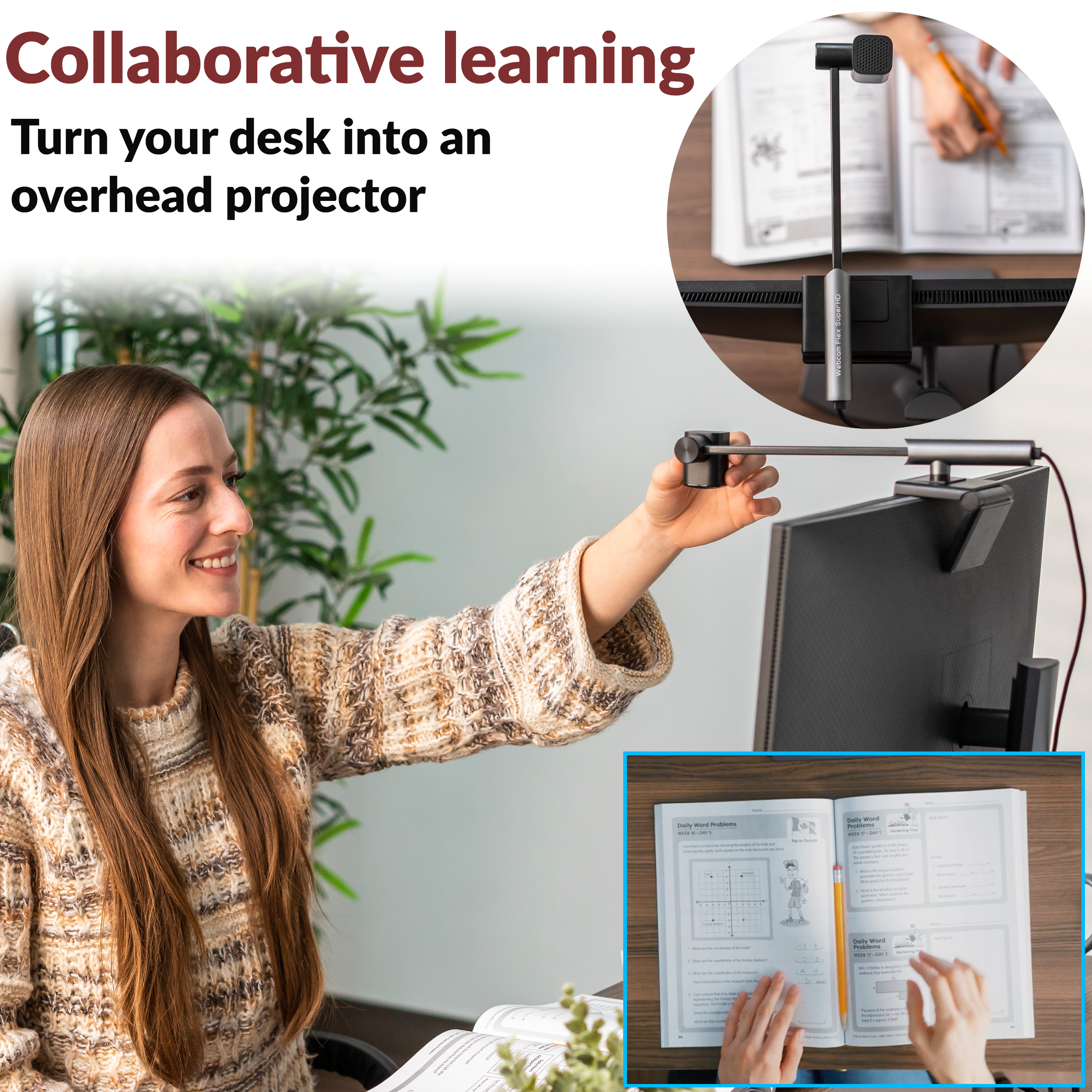 Webcam Flex being used for collaborative learning with overhead view of an open workbook