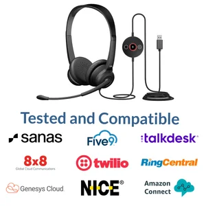 AC-204ENC II headset tested and compatible with Sanas, Five9, Talkdesk, 8x8, Twilio, RingCentral, Genesys Cloud, NICE, and Amazon Connect