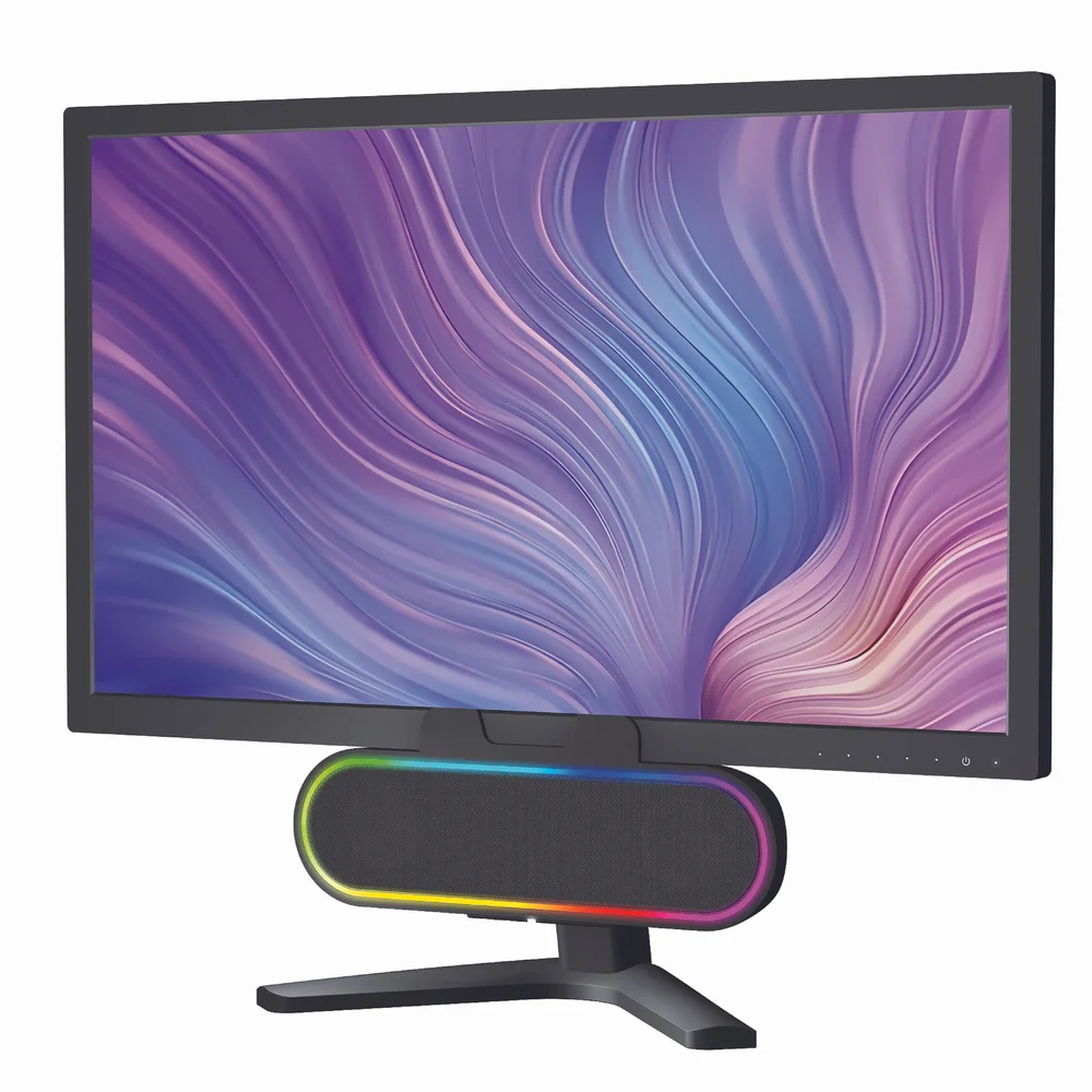 CA-2890GX gaming PC speaker bar on a desk stand with RGB lighting