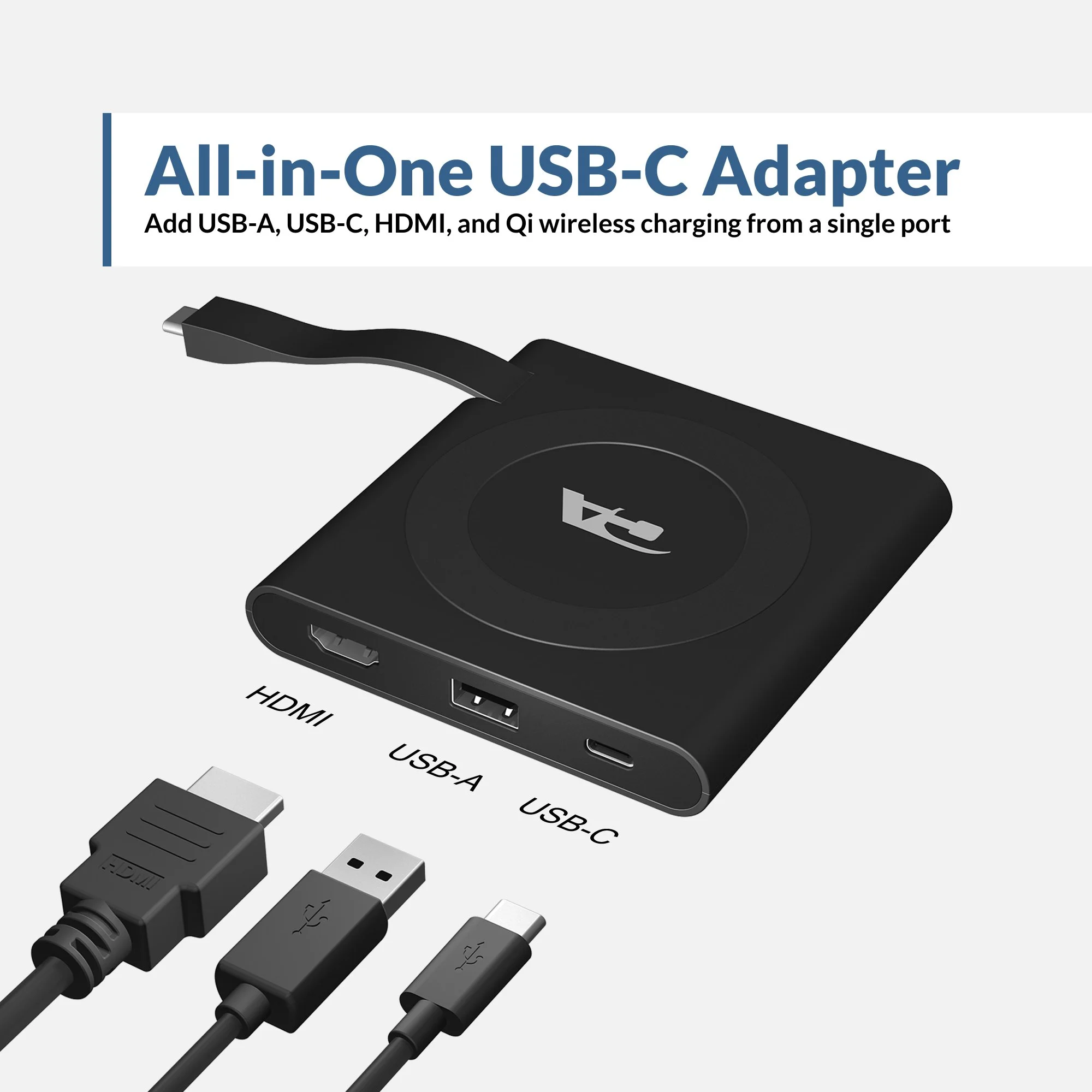 Cyber Acoustics DS-1500 all-in-one USB-C adapter graphic labeling the HDMI, USB-A, and USB-C ports with included cables