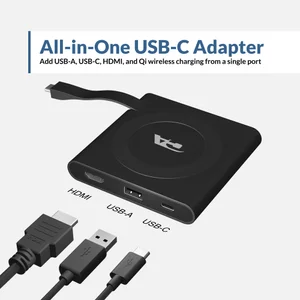 Cyber Acoustics DS-1500 all-in-one USB-C adapter graphic labeling the HDMI, USB-A, and USB-C ports with included cables