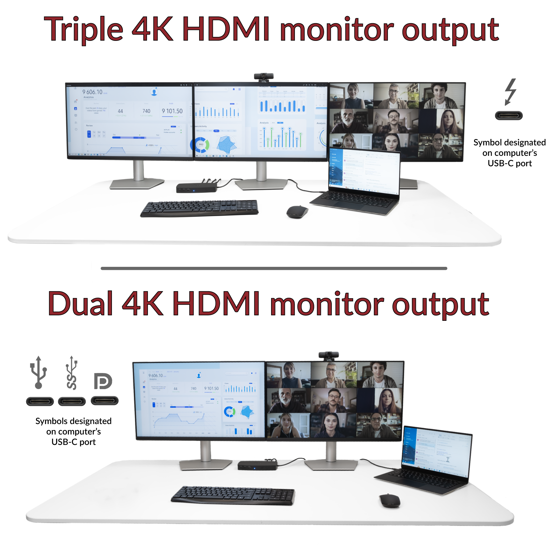 DS-6000 docking station powering triple and dual 4K HDMI monitor outputs with laptop connected via USB-C