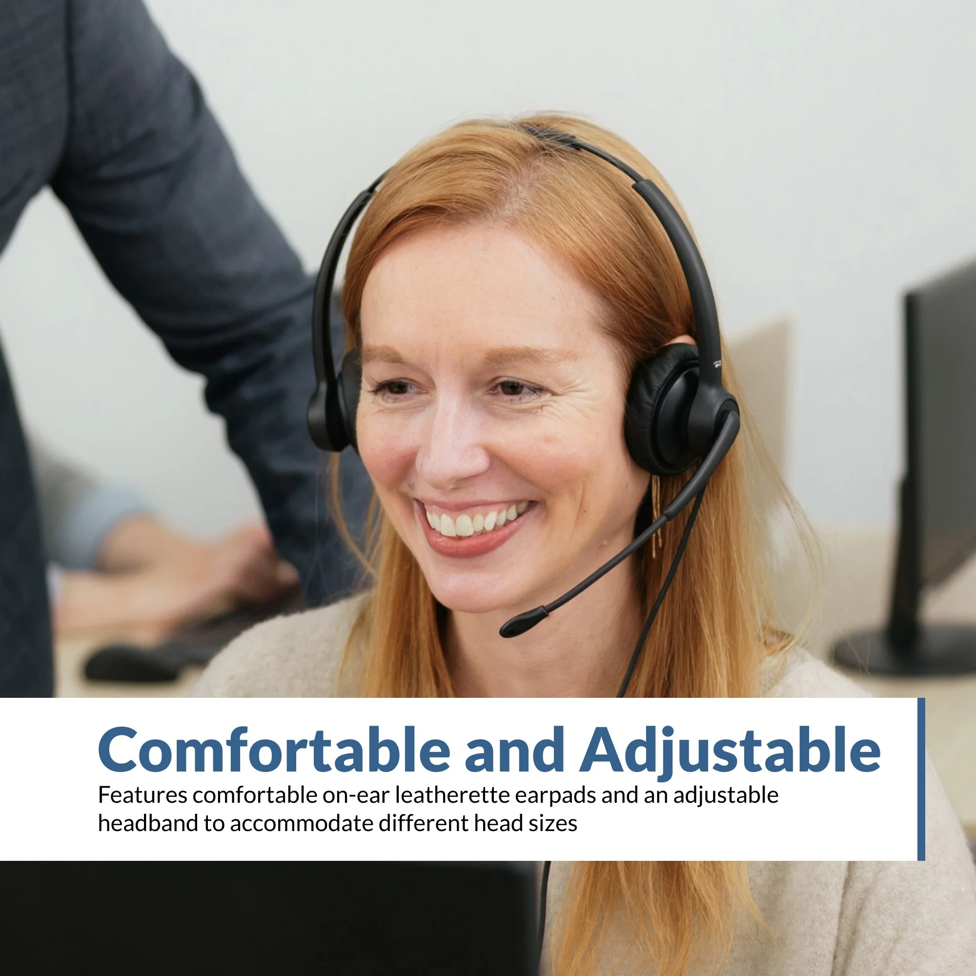 Call center agent wearing the Cyber Acoustics AC-304TR headset highlighting comfortable on-ear leatherette earpads and adjustable headband