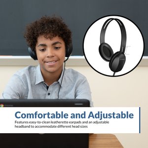Student at a Chromebook wearing the ACM-4004 3.5mm headphone for classrooms — adjustable headband and easy-to-clean leatherette earpads that fit different head sizes