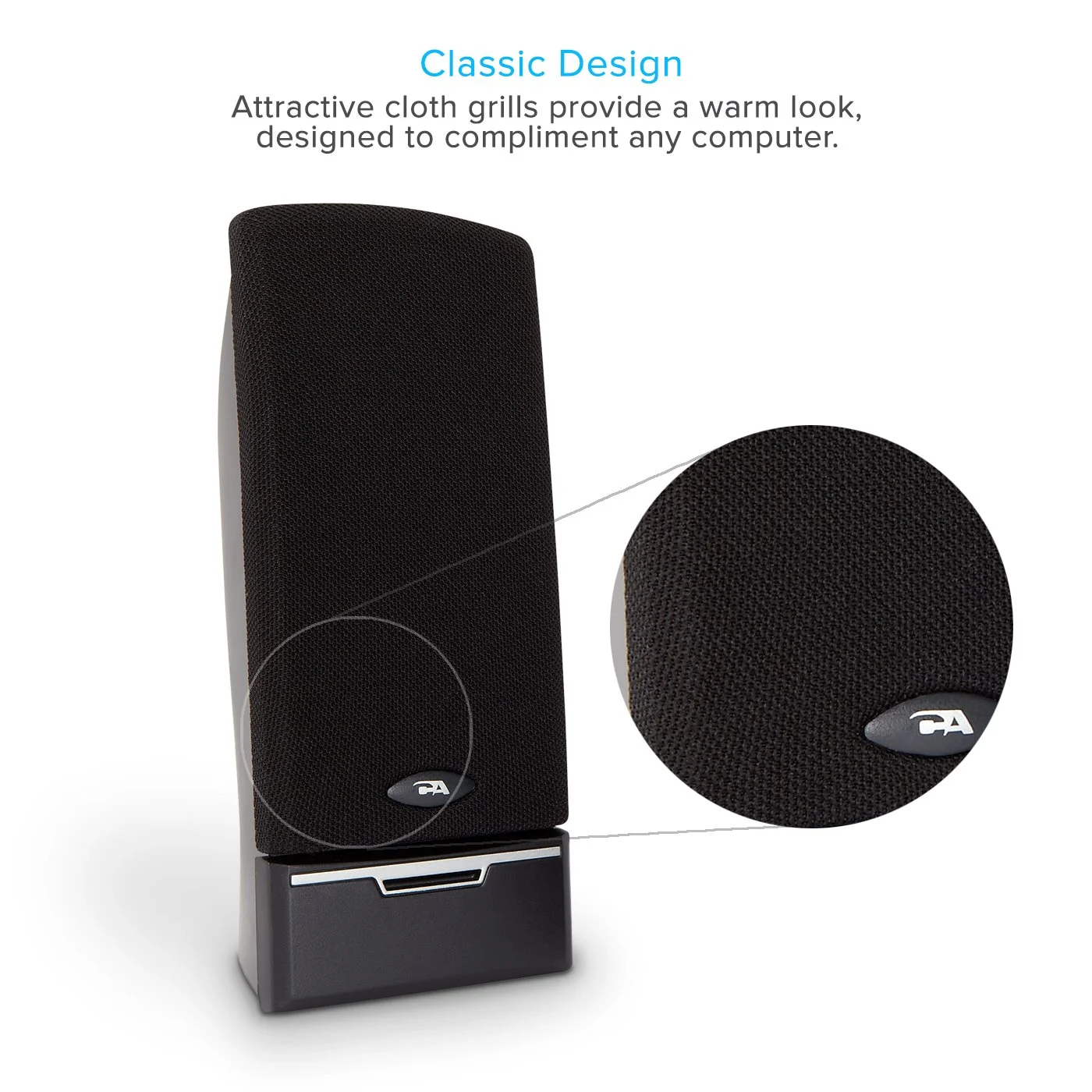 Close-up of CA-2014USB speaker cloth grill and CA logo