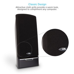 Close-up of the Cyber Acoustics CA-2014USB PC USB Stereo Speaker acoustically transparent cloth grill and logo