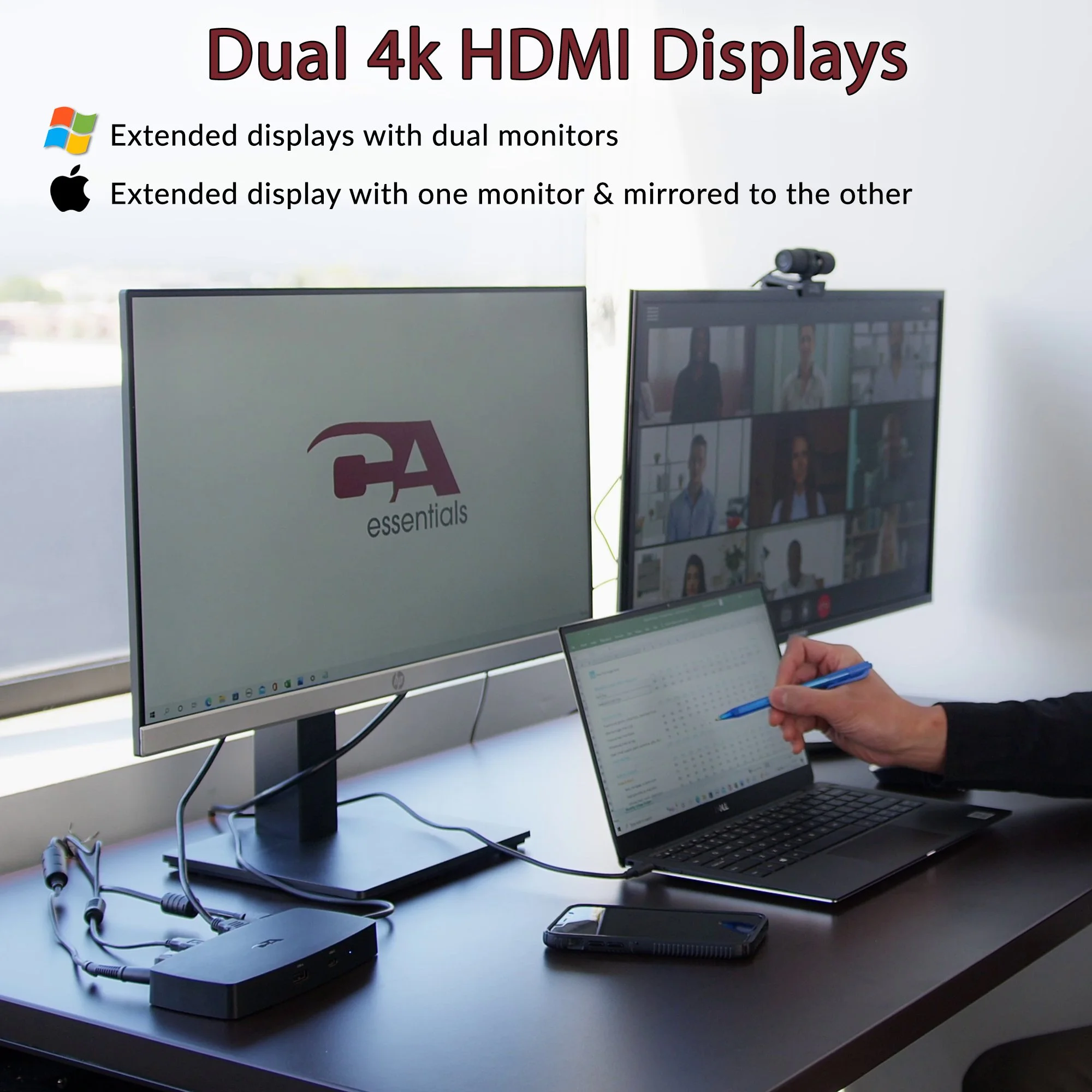 Cyber Acoustics DS-1000 docking station package contents including power adapter, USB-C cable, and dock dimensions.